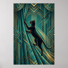 Póster Art Deco Windowsill Black Cat Wall Art