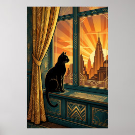 Póster Art Deco Windowsill Gazing Cat Wall Art