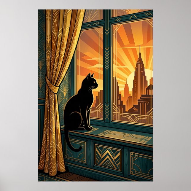 Póster Art Deco Windowsill Gazing Cat Wall Art (Frente)