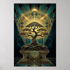 Póster Art Deco Zen Bonsai Tree Mandala Gold Teal Poster