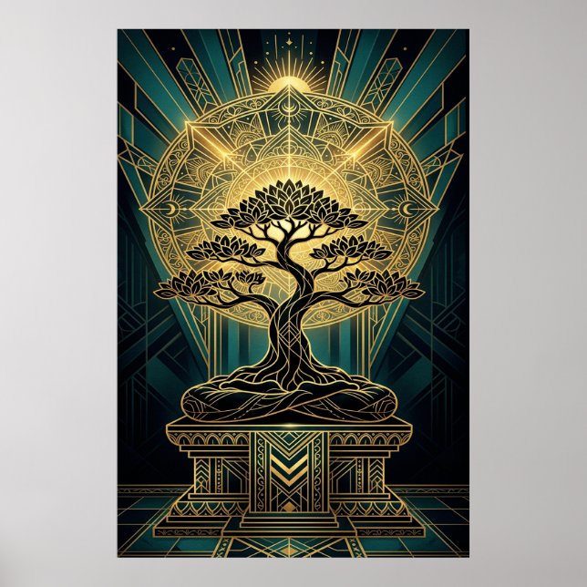 Póster Art Deco Zen Bonsai Tree Mandala Gold Teal Poster (Frente)
