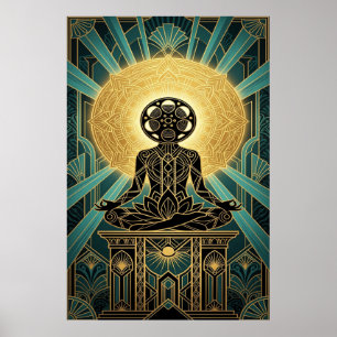 Póster Art Deco Zen Cine Meditación Dorado y Azul Turques