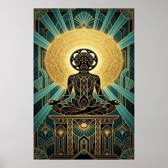 Póster Art Deco Zen Cine Meditación Dorado y Azul Turques (Frente)