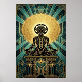 Póster Art Deco Zen Película Meditación Dorado y Verde Te