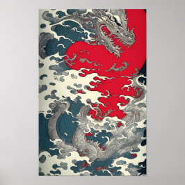 Póster Art Hokusai Die Welle mit Drachen