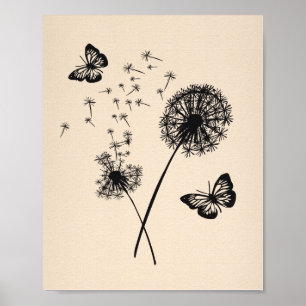 Póster Art Moderno Rosa Negro Dandelion Descansa Mariposa