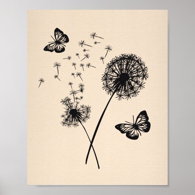 Póster Art Moderno Rosa Negro Dandelion Descansa Mariposa (Frente)