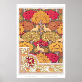 Póster Art Nouveau árboles de otoño y venado Caída de la 