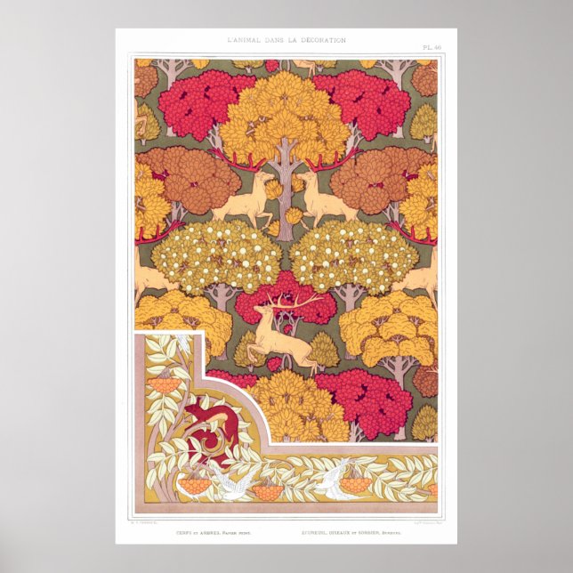 Póster Art Nouveau árboles de otoño y venado Caída de la  (Frente)