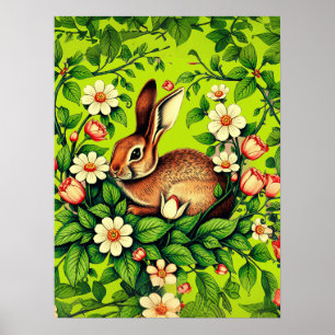 Póster Art Nouveau Conejo Salvaje y Flores