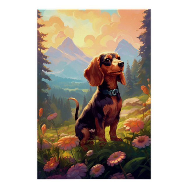 Póster Art Nouveau Dachshund Con Flores (Anverso)