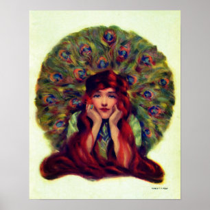 Póster Art Nouveau deco elegante plumas de pavo real