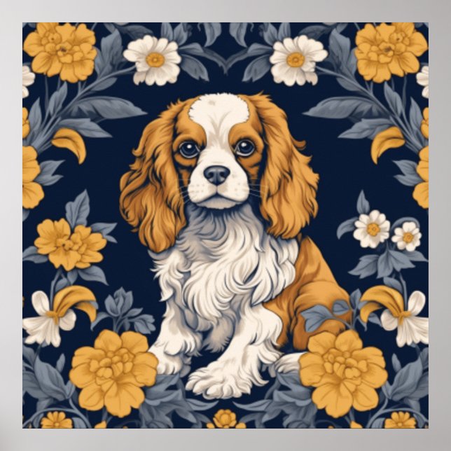Póster Art Nouveau floral Rey Charles Cavalier Spaniel (Frente)