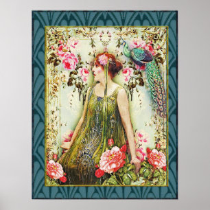 Póster Art Nouveau florido Lady