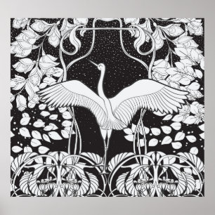 Póster Art Nouveau: Ilustracion de aves florales