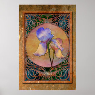 Póster Art Nouveau Irises in a Coppery Mucha Frame