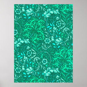Póster Art Nouveau Seaweed Floral, Turquoise and Aqua
