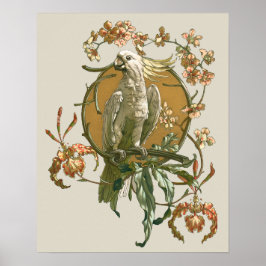 Póster Art Nouveau vintage, Ave Cockatoo, Flores Orquídea