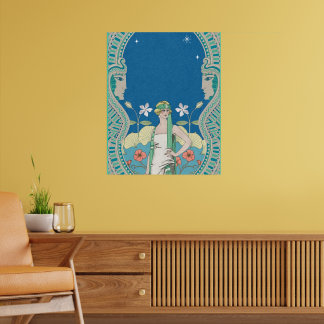 Póster Art Nouveau Vintage Dama Azul y Arcada Floral
