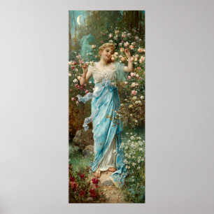 Póster Art Nouveau Woman in Flowers Under a Crescent Moon