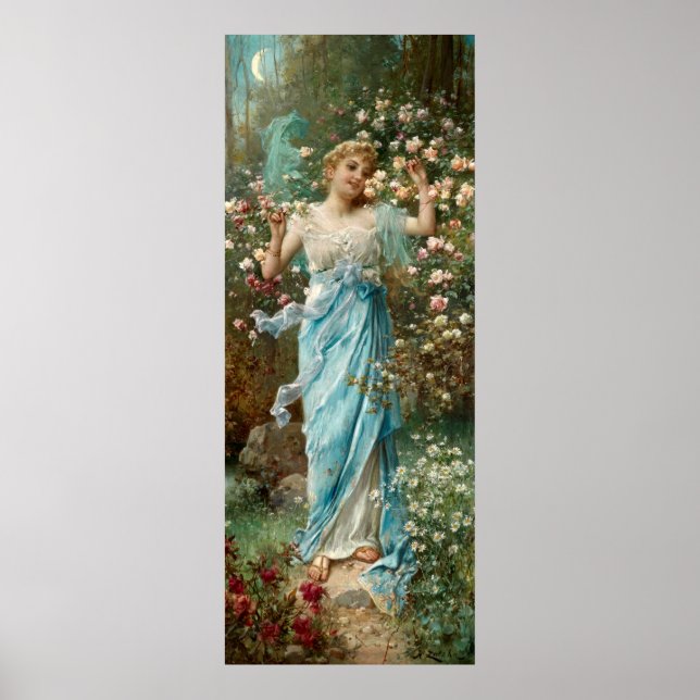 Póster Art Nouveau Woman in Flowers Under a Crescent Moon (Frente)