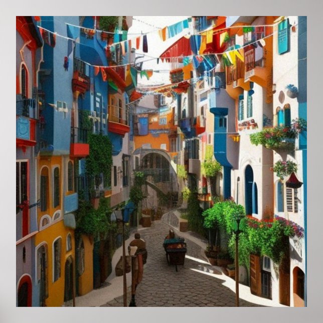 Póster Art Resumen pequeño pueblo turístico hermoso (Frente)