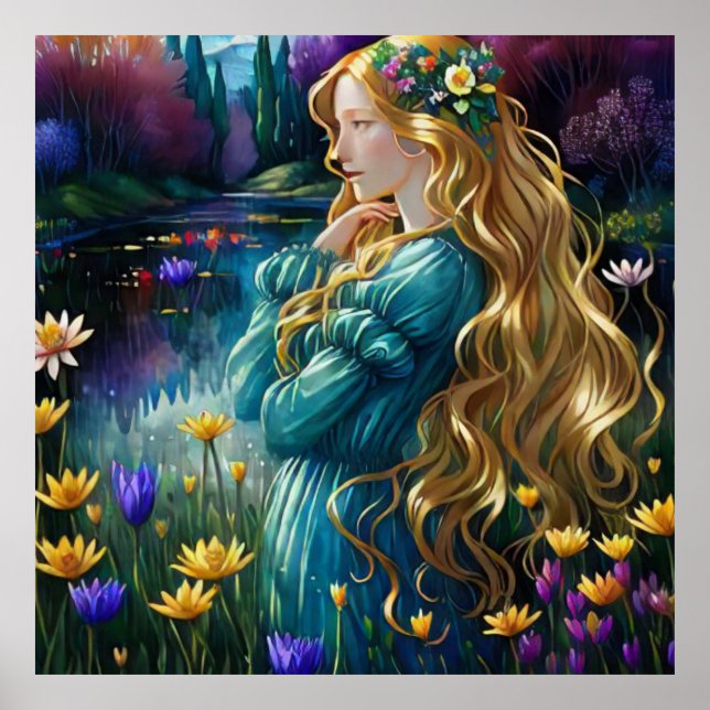 Póster *~ Art Woman Waterfall Pond Wild Flowers AP56 (Frente)