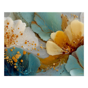 Póster Arte abstracto fluido de oro verde azulado