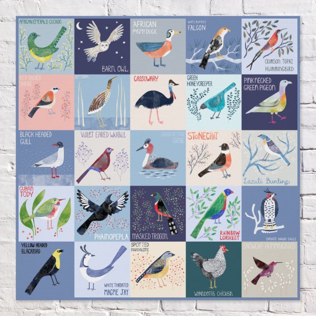 Póster Arte acuarela de pájaros de todo el mundo (Birds Around the World fun and quirky watercolor bird art with hand lettered names poster)