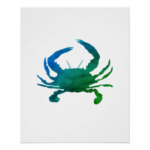 Póster Arte acuarela náutico de cangrejo azul