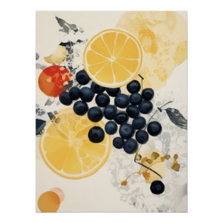 Póster Arte botánico de cítricos y bayas en técnica mixta