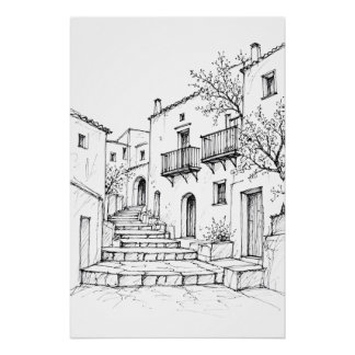 Póster Arte con pluma del casco antiguo mediterráneo