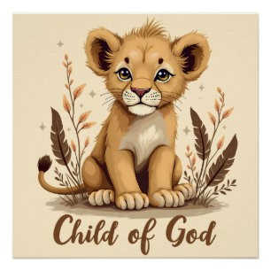 Póster Arte cristiano adorable cachorro de león Cita de f