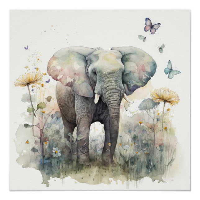 Póster Arte de Acuarela de Elefante (Anverso)