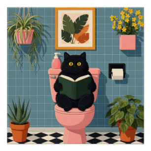 Póster Arte de Baño de Gato Amante de Libros Adorable