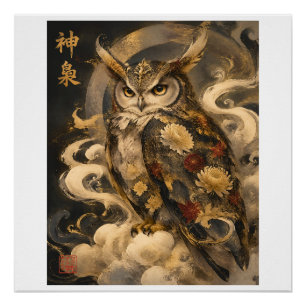 Póster Arte de búho japonés   Diseño tradicional de búho 