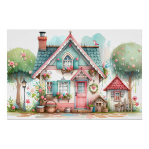 Póster Arte de Cabaña de Cuento de Hadas Pastel Caprichos