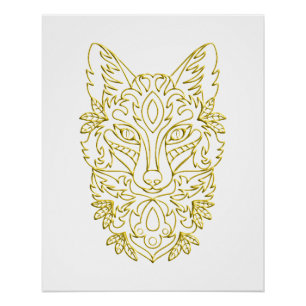Póster Arte de cabeza tipo lobo en oro