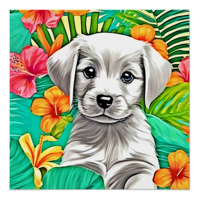 Póster Arte De Cachorro Floral (Anverso)