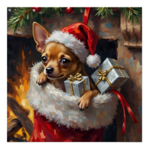 Póster Arte de calcetín de Navidad sorpresa de perro Chih