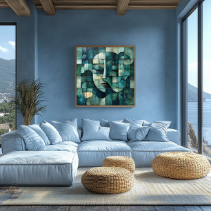 Póster Arte de Cara Abstracto Geométrico – Pared de Azul