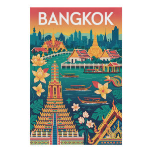 Póster Arte de cartel de viaje retro de Bangkok Tailandia