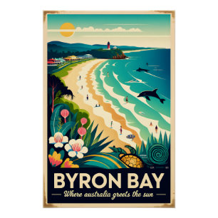 Póster Arte de cartel de viaje retro de Byron Bay Austral