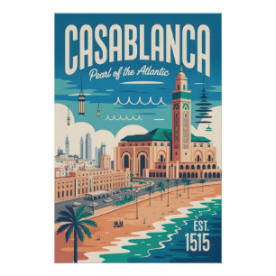 Póster Arte de cartel de viaje retro de Casablanca Marrue
