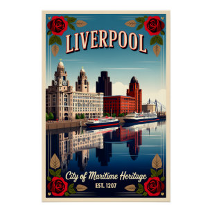 Póster Arte de cartel de viaje retro de Liverpool, Inglat