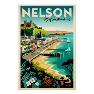 Póster Arte de cartel de viaje retro de Nelson Nueva Zela