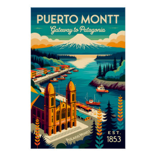 Póster Arte de cartel de viaje retro de Puerto Montt Chil