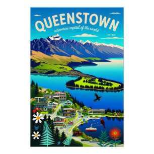 Póster Arte de cartel de viaje retro de Queenstown Nueva 