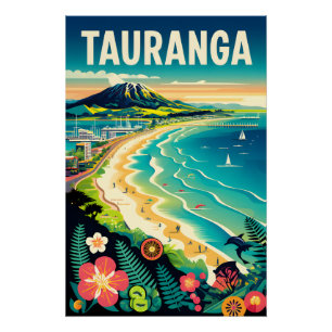 Póster Arte de cartel de viaje retro de Tauranga Nueva Ze