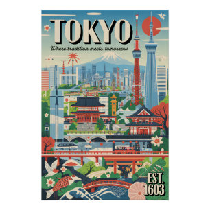 Póster Arte de cartel de viaje retro de Tokio Japón